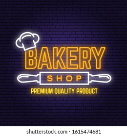 Bakery shop neon bright signboard, light banner. Vector. Concept for badge, shirt, label, print. Neon typography design with chef hat, text, rolling pin silhouette. Template for restaurant identity