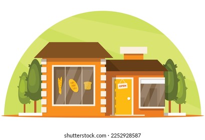 Bakery shop on the background of decorative trees growing around the building. Vector illustration