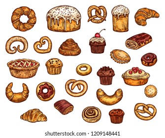 Bakery shop pastry, desserts ans sweet cakes. Patisserie or cafeteria food. Vector wheat bagel donut, croissant and muffin with chocolate pie and cinnamon roll, berry cupcake