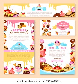 Bakery shop or pastry patisserie banners and posters templates set. Vector dessert cakes and pastry cupcakes, chocolate biscuits or brownie and tiramisu, fruit pies and puddings or ice cream for cafe