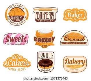 Bakery shop and patisserie or pastry store icons. Vector baked food products and sweet desserts shop signs, croissant, dough rolling pin and flour bag, wheat bagel and chocolate donut