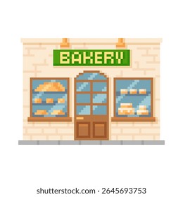 Padaria loja pixel art. Cartoon mostra pixelada com sobremesa de bolo, variedade de produtos de pastelaria nas prateleiras. Elemento de projeto de construção de cafeteria de confeitaria vetor para jogos de vídeo retro de 8 bits