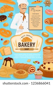 Bakery shop poster with baker holding menu of patisserie pastry desserts. Vector baked bread, sweet cakes and fruit cookies with donut, chocolate croissant or wheat bagel and muffin with honey