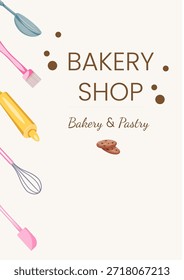 Cartel de la tienda de panadería con herramientas de hornear y pasteles sobre fondo claro. Anuncio plano lindo de la ilustración para la marca de la panadería, menú de la repostería, publicidad del café o diseño del cartel de la comida.
