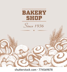Bakery shop poster and banner template. Hand drawn bakery goods. Bagels, buns, croissants, pretzel and wheat. Vector illustration.