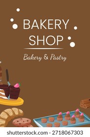 Cartel de la tienda de panadería con postres y herramientas de hornear sobre fondo oscuro. Ilustración de dibujos animados para la marca de pastelería, menú de cafetería, publicidad de alimentos o diseño de Anuncio de panadería.