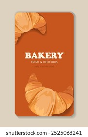 Cartaz da padaria. Doce croissant. Produtos de padaria e pastelaria caseiros. Sobremesa e delicadeza, gostoso. Panfleto, livreto e brochura. Ilustração de vetor plano isolada no plano de fundo bege