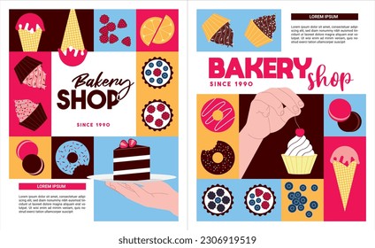 Afiches de panadería. Productos dulces y postres. Ilustración vectorial para banner, portada, volante, menú, publicidad.