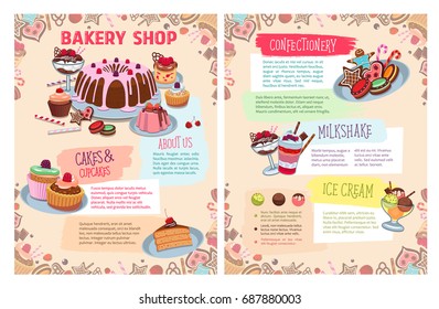 Bakery shop posters set of sweet desserts and biscuit cakes. Vector design template for milkshake, tiramisu or cheesecake torte and donut, pastry chocolate cupcake or gingerbread cookie for patisserie