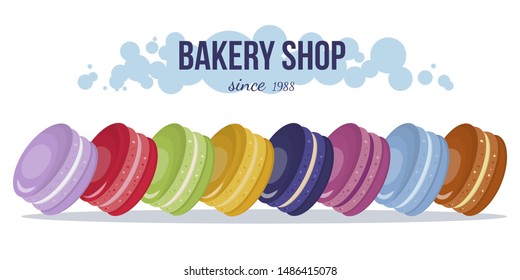 Bakery Shop Presentation Banner with Macaroons Design. Pastry, Desserts, Sweets and French Treat Advertisement. Cartoon Colorful Traditional Almond Candy and Text. Vector Flat Illustration