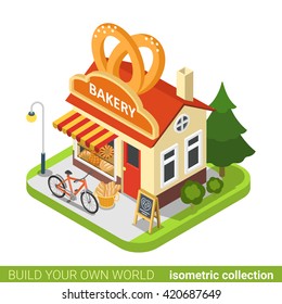 Bakery Shop Pretzels Shape Building Cafe Restaurant Realty Real Estate Concept. Flat 3d Isometry Isometric Style Web Site App Icon Concept Vector Illustration. Build Your Own World Collection.