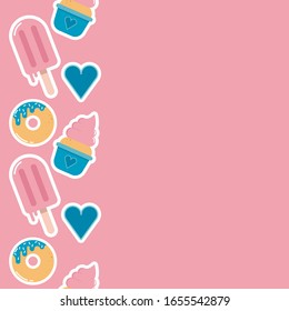 Bakery shop print with ice cream, donuts and cupcakes. Happy birthday gift card. Sweet pattern. Pink background 