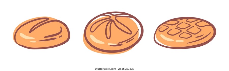 Bakery shop production assortment. Vector isolated set of freshly baked food. Goods from wheat flour, loaves of bread for healthy lifestyle and dieting, nourishment and nutrition. Handmade dishes