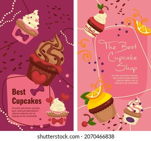 Bakery shop and products, best cupcakes with mousse and topping. Confectionery and pastry with cherry decoration and lemon slice. Promo banner, advertisement or food presentation. Vector in flat style