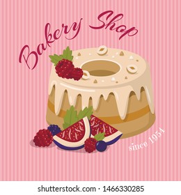 Bakery Shop Promotion Banner with Nuts Cake and Fruits on Pink Striped Backdrop. Cartoon Homemade Baked Dessert Christmas Pie with Fig, Blueberries, Strawberries. Vector Flat Illustration