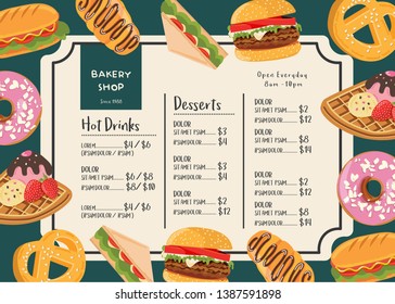 Bakery Shop  restaurant menu. Vector beverage flyer for bar