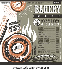 Bakery shop retro vector price list or menu design layout with hot bagel. Bread and pastries design elements. Food theme.