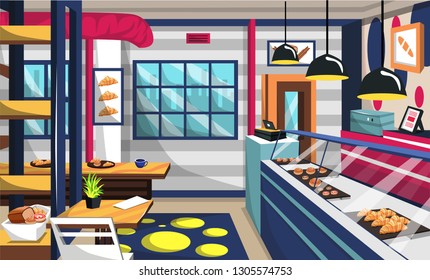 Bakery Shop Room with Cake on Storefront, Ceiling Lamps, Wood Table and Chair for Vector Restaurant Interior Ideas
