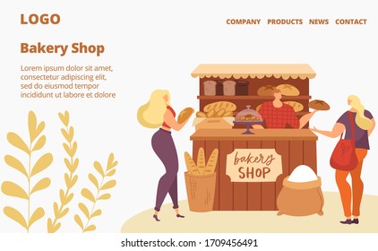 Bakery shop sale, baking house website, people buying bread and pastry cakes, bakers web page vector flat illustration. Baking goods small shop selling fresh baguettes, croussaints and loafs of bread.