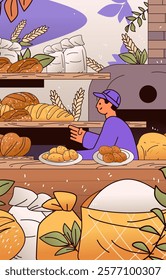 Bakery shop scene with baker offering bread and pastries surrounded by wheat sacks and plants colorful design elements