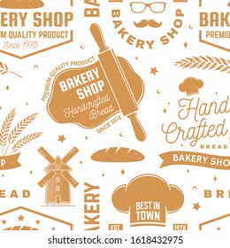 Bakery shop seamless pattern or background. Vector illustration. Seamless bakery pattern with with rolling pin, windmill, wheat ears silhouette. Bakery shop texture.