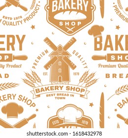 Bakery shop seamless pattern or background. Vector illustration. Seamless bakery pattern with with rolling pin, mustache , wheat ears silhouette. Bakery shop texture.