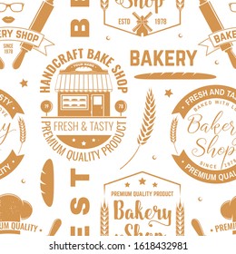 Bakery shop seamless pattern or background. Vector illustration. Seamless bakery pattern with with rolling pin, bakehouse, wheat ears silhouette. Bakery shop texture.