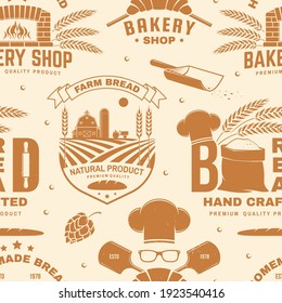Bakery shop seamless pattern or background. Vector. Seamless bakery pattern with with rolling pin, windmill, wheat ears silhouette. Bakery shop texture.