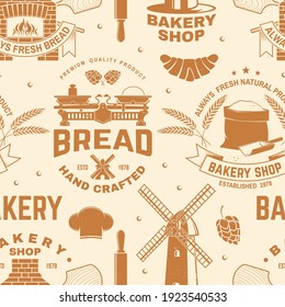 Bakery shop seamless pattern or background. Vector. Seamless bakery pattern with with rolling pin, windmill, wheat ears silhouette. Bakery shop texture.