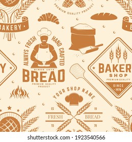 Bakery shop seamless pattern or background. Vector. Seamless bakery pattern with with rolling pin, windmill, wheat ears silhouette. Bakery shop texture.