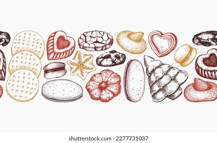 La tienda de panadería sigue un patrón sin fisuras. Cookies de fondo en color. Galletas con almendras, chocolate, mermelada, galletas fritas ilustraciones hechas a mano. Cinta de pastelería popular para impresión, banner, diseño de embalaje