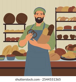 Bakery shop with seller, store interior with bread and pie, cookie, bun on shelves and table. Bearded professional baker standing at counter with paper bag of baked goods cartoon vector illustration