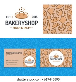 Bakery shop set with baking pattern, card and logo consisting of bread, sign fresh and tasty for identity loaf store, food market, baking firm, coffee shop, cafe etc. Vector Illustration