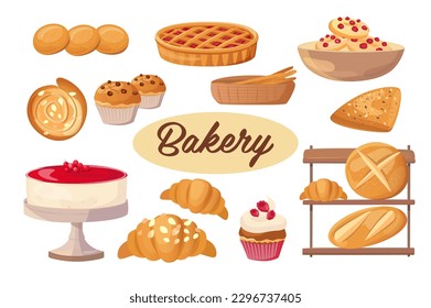 Bakery shop set. A set of flat, cartoon-designed illustrations featuring various baked goods and bakery-related items such as bread, pastries, rolling pins, and measuring cups. Vector illustration.