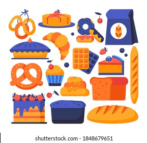 Bakery shop - set of flat design style elements isolated on white background. Cafe menu, online food ordering idea. Image of bread, baguette, cheesecake, pretzel, waffles, eclair, donut, bagel, crepes