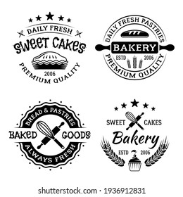 Bakery shop set of four vector monochrome emblems, badges, labels isolated on white background