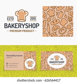 Bakery shop set with logo consisting of chefs hat, seamless pattern and cards for identity baking firm, loaf store, food market, coffee shop, cafe etc. Vector Illustration