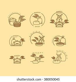 Bakery shop set logo. Bakery line logo. Sign for bread and rolls. Windmill and pie. Sack of flour and bread oven. Ears of wheat dough 