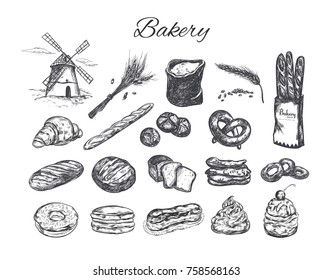 Bakery shop set . Windmill, bag of flour, ears and different types of bread, loaf, pastry. Vector hand drawn illustration. Sketch style. Isolated objects