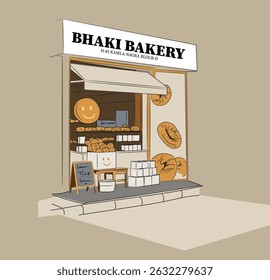 Padaria. Vitrines com pão. Baker. Estilo de desenho animado. Ilustração vetorial