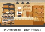 Bakery shop. Showcases with bread, buns and cakes. Baker. Cartoon style. Vector illustration.