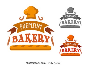 Bakery shop sign with fresh french baguette framed by ribbon banner with text and toque on the top. In orange, red and gray variations