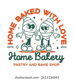 Bakery shop signboard logo template. Retro croissant mascot for promo banner flyer