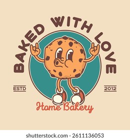 Bakery shop signboard logo template. Retro cookie biscuit mascot for promo banner flyer