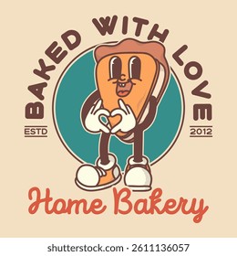 Bakery shop signboard logo template. Retro piece of pie mascot for promo banner flyer