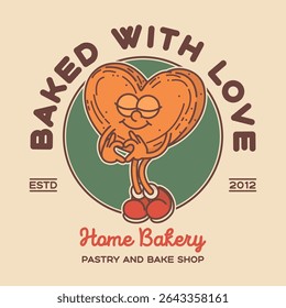 Bakery shop signboard logo template. Retro cookie biscuit mascot for promo banner flyer