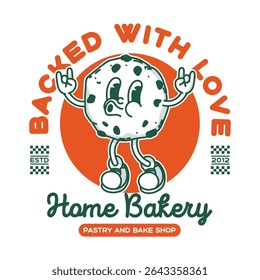 Bakery shop signboard logo template. Retro cookie biscuit mascot for promo banner flyer