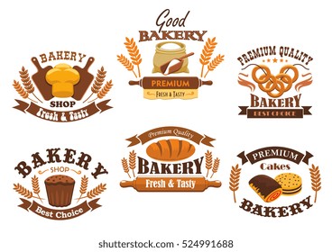 Bakery shop signs of bread, pastry, desserts. Vector isolated bakery icons of wheat bread loaf, flour sack with rolling pin, baked bagels, rye bread brick, sweet buns, pies.