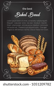 Bakery shop sketch poster of baked bread and sweet buns. Vector design template of baker store wheat loaf and rye bagel or chocolate croissant, baguette and toast for breakfast or baking recipe