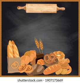 Bakery shop sketch posters, bread. Vector wheat loaf and rye bagel or chocolate croissant, baguette and toast for baker store premium design